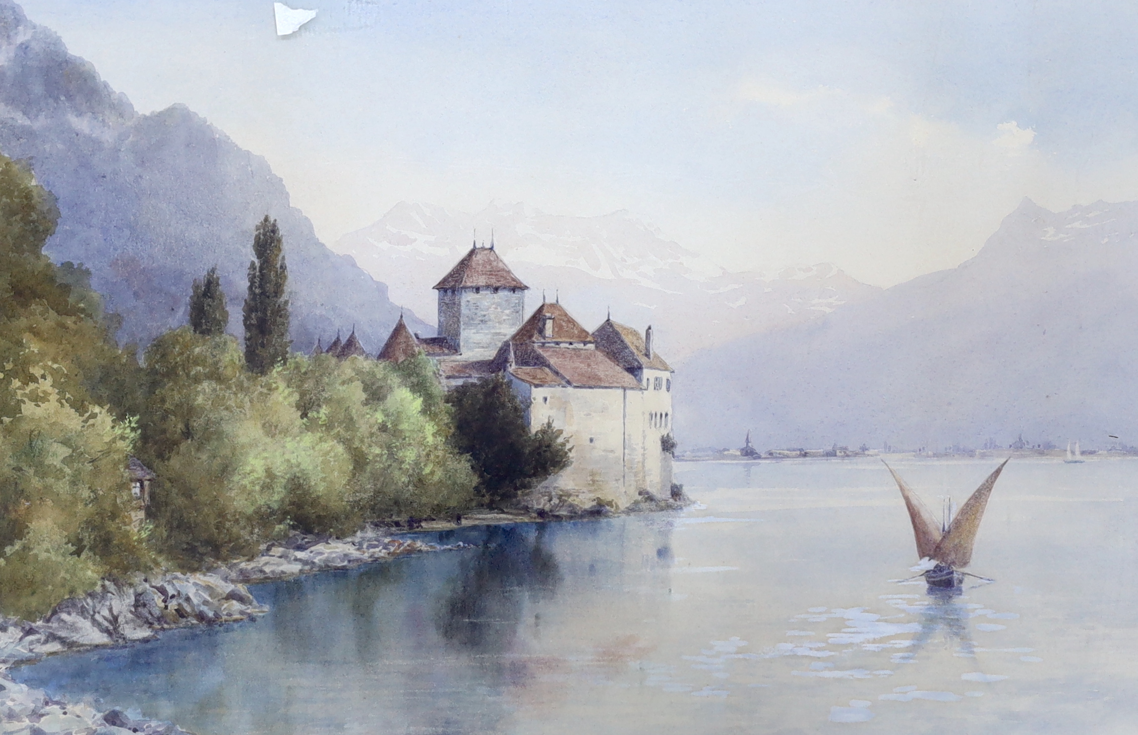 Fred C Dixon (b. 1902-1992), watercolour, Chateau Chillon, signed, together with another mid 19th century watercolour landscape and a Dutch oil on canvas, barges, largest 29 x 47cm